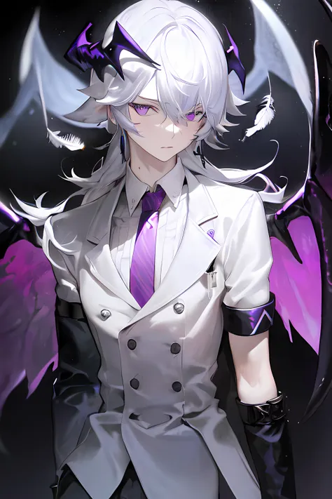 solo,masterpiece, best quality, 1boy, armband, black_background, black_gloves, gloves, male_focus, necktie, purple_eyes, shirt, simple_background, solo, upper_body, white_hair,((black feather wings))