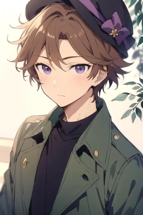 masterpiece, best quality, sketch, 1boy, solo, male focus, looking at viewer, , depth of field, (watercolor illustration, soft pastel colors:1.1), , <lora:hayato_matsuura:0.72>, hayato_matsuura, brown hair, purple eyes, , cloche hat, trench,