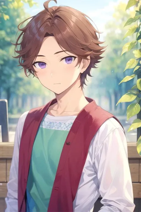 masterpiece, best quality, movie still, 1boy, solo, male focus, looking at viewer, upper body, depth of field, (watercolor illustration, soft pastel colors:1.1), realistic, <lora:hayato_matsuura:0.74>, hayato_matsuura, brown hair, purple eyes, indian costume, atompunk, HD