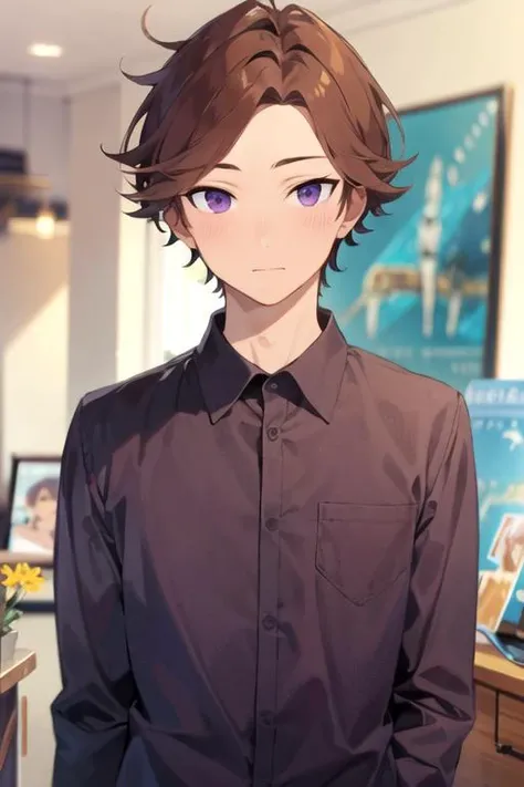masterpiece, best quality, photorealistic, 1boy, solo, male focus, looking at viewer, upper body, , , realistic, <lora:hayato_matsuura:0.68>, hayato_matsuura, brown hair, purple eyes, flannel shirt, , ,