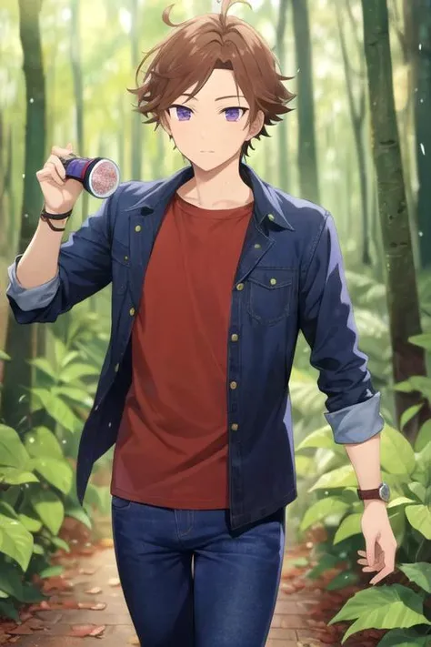 masterpiece, best quality, movie still, 1boy, solo, male focus, looking at viewer, , depth of field, anime coloring, , <lora:hayato_matsuura:0.74>, hayato_matsuura, brown hair, purple eyes, denim jeans, , An enchanted forest where magical creatures and plants abound,