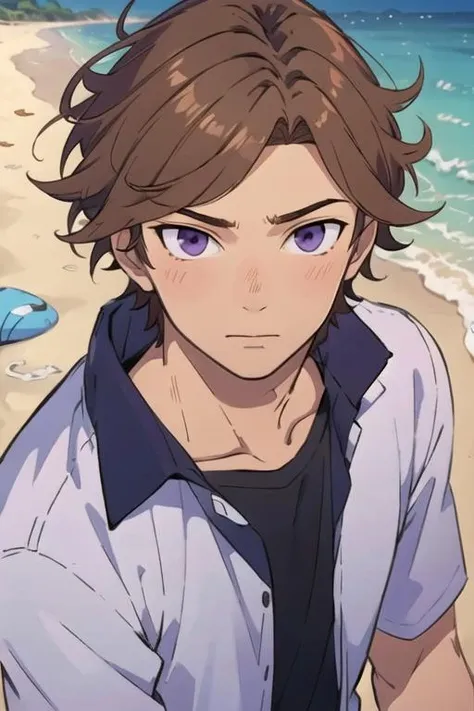 masterpiece, best quality, game cg, 1boy, solo, male focus, looking at viewer, upper body, depth of field, , realistic, <lora:hayato_matsuura:0.70>, hayato_matsuura, brown hair, purple eyes, , beach,