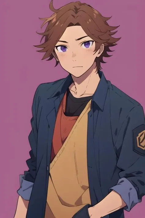 masterpiece, best quality, , 1boy, solo, male focus, looking at viewer, , , anime coloring, , <lora:hayato_matsuura:0.74>, hayato_matsuura, brown hair, purple eyes, convict costume, , High definition