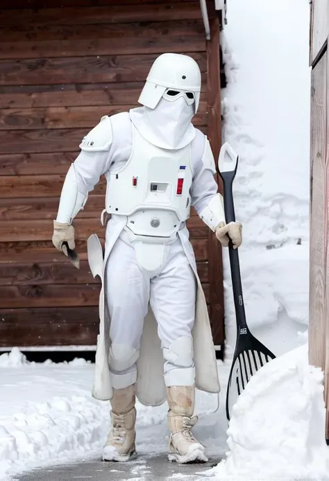 a man in white swsnwtrpr suit (shoveling a driveway:1.2)<lora:SnowtrooperV10:0.8>,mask,(in front of a house:1.2),(using snow shovel:1.2),snowy,RAW photo, 8k uhd, dslr, soft lighting, high quality, film grain, higly detailed face,ultra detailed,masterpiece quality,Fujifilm XT3