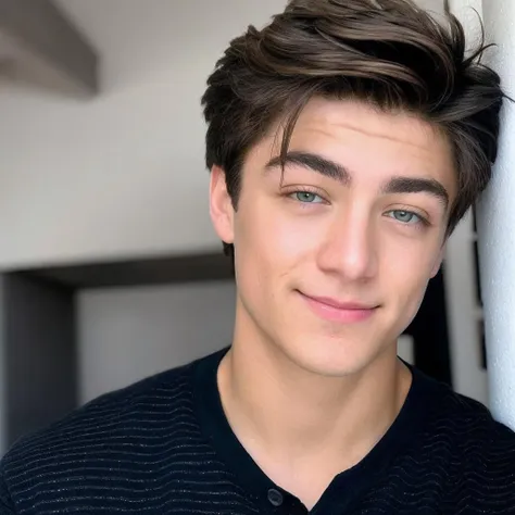 In this photo of 20-year-old Asher Angel, he stands with his back to the camera, turning his head to face it. His eyes are a deep and captivating blue, framed by long lashes. His eyebrows are well-groomed, and his straight nose complements his facial features. His lips are naturally plump, giving him a youthful look.
As he looks at the camera, there's a subtle intensity in his expression,. The light in his eyes adds depth to the photo. The image also reveals the strong contours of his back and shoulders, hinting at his athletic physique.backview, face, perfect eyes, wearing black shirt, full body, good pupils,full body, dtrong legs, ass in the frame