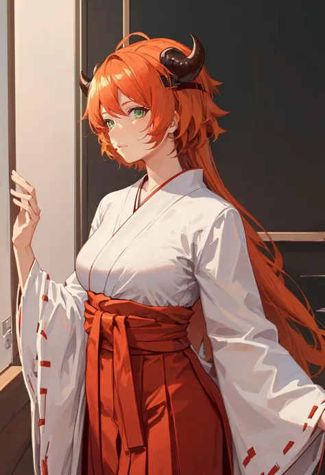 best quality, masterpiece, highres, solo, (croissant_arknights:1.10), (white kimono:1.35), (red hakama:1.35), (wide sleeves:1.20), 15 <lora:croissant_arknights:0.80>