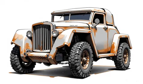 In the style of Art by: Syd Mead, this Brutalist SUV is rendered in bold, industrial lines, evoking the cold metallic aesthetic of his iconic designs. The medium of graphite and watercolor captures every nuanced curve and sharp angle with precision., Lighting falls upon the vehicle in stark, unforgiving rays, illuminating its rugged texture. The palette is dominated by industrial greys, with touches of earthy brown suggesting a utilitarian function over form. Deep shadows cast by recessed lines and crevices give the impression of something hewn from raw metal, forged for the unforgiving roads., The vehicle's stance is aggressive, crouched low to the ground as if ready to pounce upon its surroundings. Angular edges jut out in all directions, each one a testament to function over aesthetics. A prominent grille dominates the front, its many slats seeming to breathe life into this mechanical beast., Details abound for those who seek them: intricate bolts secure panels together, revealing the handiwork of a master craftsman; fine etchings on the side panels suggest some form of industrial branding or certification. Every line and crease speaks to the durability, ruggedness, and raw power that defines this Brutalist SUV., In Syd Mead's world of cinematic futurism, nothing is as it seems – even the most brutal of vehicles has a story to tell, a testament to the unforgiving nature of its creation.