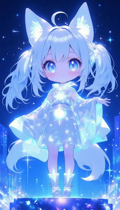 chibi girl, front view, .Anthropomorphized fox Girl:Pure white hair tied into high twin ponytails, with a blue sheen at the ends Blue eyes, like stars shining in the night sky White clothing featuring a blue glowing moon pattern on the chest A translucent fiber optic skirt with blue LED lights, mimicking the starry sky Light and semi-transparent white shawl embroidered with blue crescent moons and stars Two pairs of white fox ears and a long fox tail, with a blue LED light at the tip of the tail Boots adorned with blue fiber optics, giving a futuristic feel White fingertip touchscreen gloves.full body,chibi, sanrio style, flat 2D colour ,lyh_niji