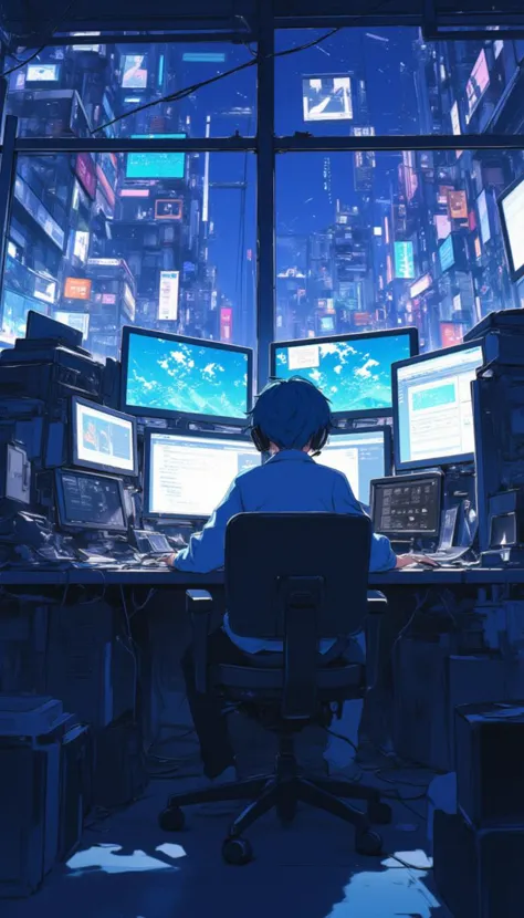 a man sitting at a desk with multiple monitors,anime