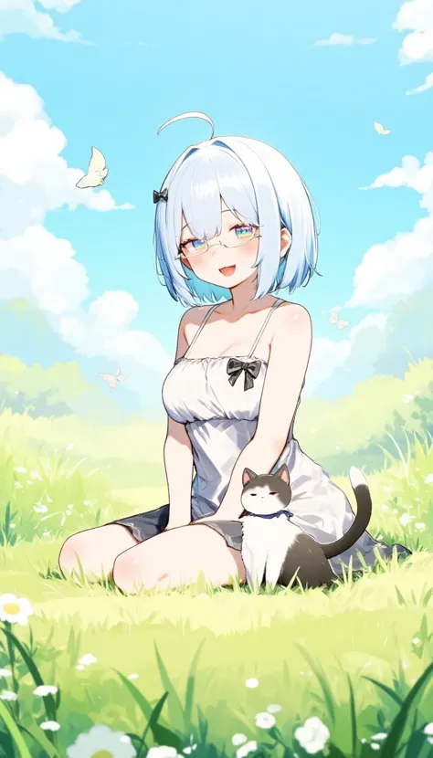 sitting in an open meadow, wild flowers and butterflies all around, happy, short light blue hair, cute summer dress, her little black and white cat sits beside her, glasses
,hatyuuruinohito style,the0neulost
