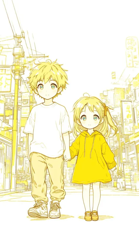 a boy and a girl walking on street, Line Chibi yellow, sping, white background,