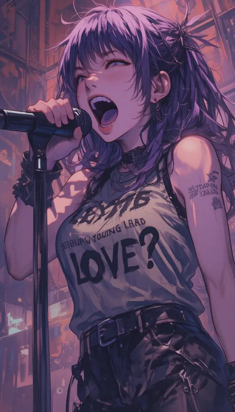 Monika from Doki Doki Literature singing "Love?" by Strapping Young Lad, screaming the lyrics with sheer passion into a microphone, superbly detailed, emotional, extreme metal ,lyh