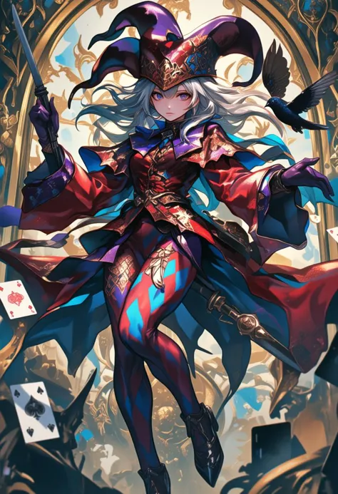 Create an ultra-high-resolution, intricate digital illustration of a fantasy jester-like female character, adorned in a vividly detailed and ornate costume. She is captured mid-motion, as if leaping or floating in a dynamic pose, with her vibrant attire swirling around her. The characterâs outfit combines deep reds, rich blues, and purples, patterned with harlequin diamonds, adorned with golden accents, and intricate embroidery. Her attire is a striking blend of medieval jester and noble aesthetics, with highly elaborate detailing across every piece of fabric, from her large, flaring collar to her form-fitting bodysuit.
Her head is covered by a large jesterâs hat with curved, pointed extensions, embellished with similar harlequin and golden designs. A playful yet mysterious look graces her face, with her piercing multicolored eyes shining under her white hair, which falls gently around her face. Her expression is calm, focused, yet alluring, suggesting a deeper sense of cunning behind her playful exterior.
In one hand, she holds a sharp dagger, while in the other, she holds a bird, mid-flight, which adds an element of mysticism to the scene. Playing cards, some featuring arcane symbols, float around her, further emphasizing the magical and chaotic nature of the character. The background is framed with a highly ornate, golden design reminiscent of medieval tapestries, featuring intricate patterns and mystical symbols.
The color palette emphasizes a mixture of deep, bold hues with intricate golds, and the lighting subtly highlights the characterâs sharp edges and ornate details. The overall style evokes a combination of fantasy and baroque influences, rich with texture and depth, drawing attention to every meticulously crafted element of her costume and the magical aura surrounding her.
anime, lyh,