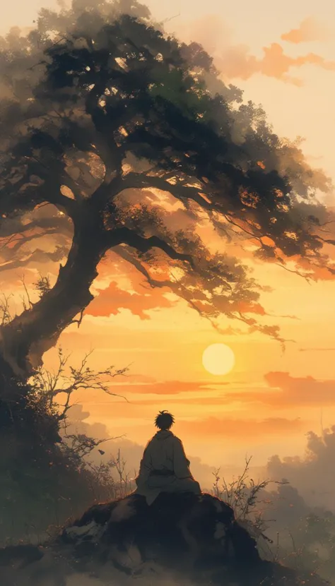 ink human,Meditationist man, sunset, muted colors, huge tress, on sky, cloudy,sun, negative space, chinese ink drawing