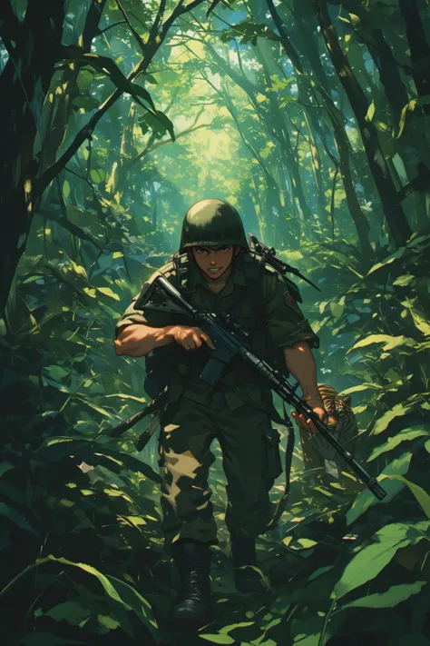 lyh Anime style. Create a tense jungle scene set in Vietnam, featuring a dense, lush environment with thick foliage, tall trees, and tropical plants. We see the close up face of an American Marine, showing fear in his face, is cautiously walking towards the viewer, holding a rifle in a ready position. He is dressed in camouflage fatigues and a helmet, blending into the surroundings. Unbeknownst to him, a distance away, a stealthy tiger is following closely behind, partially obscured by the foliage. The tiger's eyes are fixed on the soldier, adding a sense of impending danger to the scene. The overall atmosphere should be one of suspense, with the jungle's dense greenery and shadows heightening the tension.
