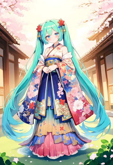 In a stunningly detailed digital illustration resembling a high-resolution watercolor painting, Hatsune Miku embodies the elegance of a Heian aristocrat, gracefully adorned in an exquisite and intricately layered twelve-layer kimono, known as 'junihitoe.' Each layer of her kimono is a vibrant tapestry of colors, from deep indigo and brilliant crimson to delicate pastels, all adorned with intricate brocade patterns of cherry blossoms and mythical creatures that shimmer under the soft light.
Her long, flowing hair, a striking turquoise, cascades like a waterfall down her back, interwoven with blossoming sakura petals that seem to dance softly in the gentle breeze. Miku's porcelain skin glows with a radiant luster, emphasizing her delicate features softened by the ethereal ambiance of the scene.
Set against the backdrop of a tranquil Heian-era garden, the setting is alive with the gentle sound of a nearby stream, its water glistening like liquid silver under the warm glow of a setting sun. Traditional wooden structures, adorned with ornate sliding doors and lush greenery, frame the scene, immersing viewers in the serenity and beauty of the ancient landscape.
As she stands in the soft grass, her expression exudes a sense of serene wisdom and gentle poise, embodying the spirit of an era that values grace and tranquility. The air is fragrant with the sweet scent of blooming plum trees and the whisper of falling petals, seamlessly blending the magical essence of her character with the historical richness of the setting.
lyh, 1girl, gawr_gura,anime,