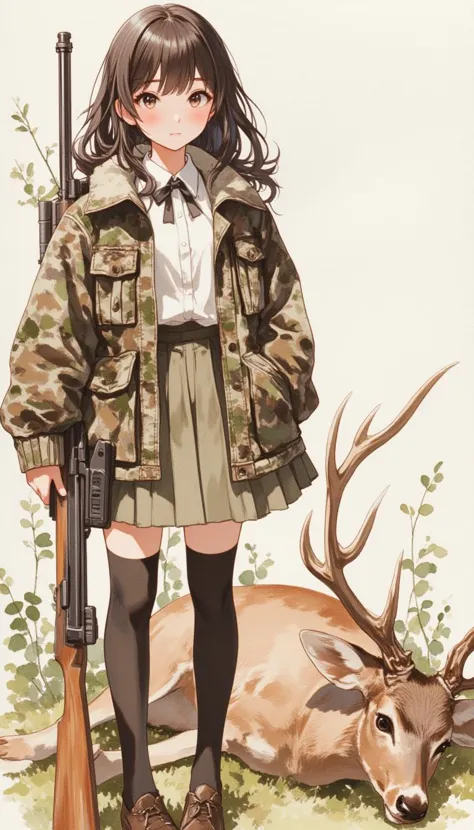 anime illustration,12 years old hunting with rifle,opening day of hunting season,detailed background,black hair or brown hair,wearing skirt,white blouse with ribbon,camouflage,camouflage jacket,very cute pupils,magazine cover,the cutest face ever drawn,full body,photogravuer,watercolor painting,commemorative photo next to carcass of dead deer with lying on its side she killed,standing, 
