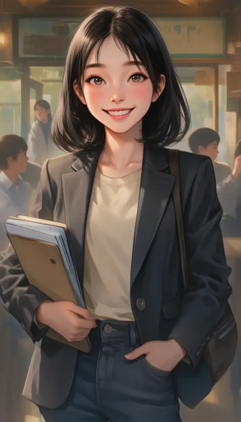 A friendly, intelligent young woman in her early 20s, with a warm, approachable smile and sharp, confident eyes. She has straight, shoulder-length black hair neatly styled, wears stylish but casual clothes, like a fitted blazer over a simple blouse, paired with slim jeans or a skirt. She carries a laptop and a notebook, suggesting she's always ready for class or study sessions. Her posture is upright and composed, exuding a sense of determination and wit. The setting could be a university campus or a cozy cafe, where she's either studying or engaging in lively conversation with friends. She is the supportive, reliable friend, always thinking ahead, and known for her sharp mind and kind heart.,lyh