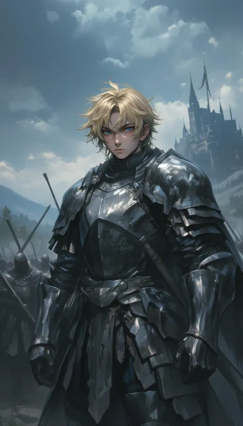 grey eyed, blond hair male warrior, standing in front of an army, wearing a suit of metal armour, stormy sky, mountain and castle