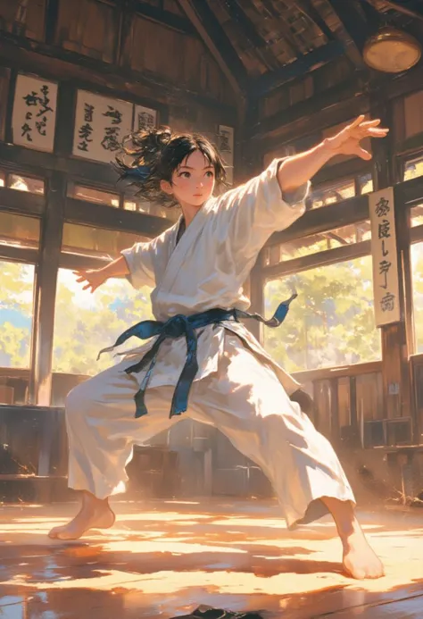 In a vibrant karate dojo, the atmosphere crackles with energy as a young girl, clad in a pristine white karate gi, gracefully executes a dynamic kata. Her focused expression, framed by a cascade of silky black hair tied back in a neat ponytail, reflects determination and discipline beyond her years. The fabric of her gi, crisp and unblemished, rustles softly with each precise movement, while the deep blue belt cinching her waist signifies her dedication and hard-earned skills.
The dojo around her is alive with character: wooden beams arch overhead, and the polished wooden floor gleams under warm overhead lights. Traditional calligraphy adorns the walls, celebrating the art of karate, while the faint scent of sandalwood incense lingers in the air, creating a serene yet invigorating backdrop. 
As she transitions through the fluid motions of her performance, her bare feet make a soft pattering sound against the floor, echoing the rhythm of her practiced steps. Sunlight streams through large windows, illuminating dust particles that dance in the air, enhancing the ethereal quality of the moment. With each stance, her body reflects a blend of strength and grace, captivating any onlooker with the profound intensity of her spirit and passion for martial arts.