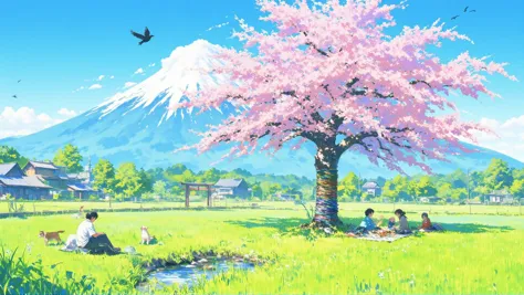 ((landscape in near of the fuji mountain, in center of image, in Background)),some birds are flying, shining sunny day, a dog strays around,  with a village in background, in foreground are some kids are playing, ((some families are sitting in the meadow and has a picnic)) in the center left of the image, on the right site is house visible, (on the left site from the families a brook can be seen, a torii spans the brook), single big and thick cherry blossom tree is visible and casts a shadow, the tree is decorated with lots of colorful ropes,âââ