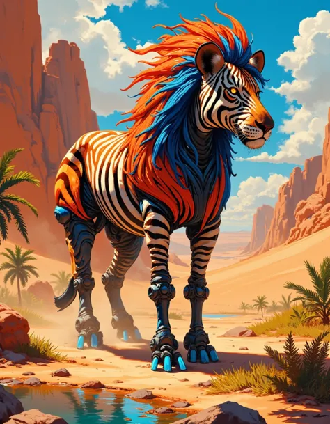 Art by: Damian Hirst, This piece would be captured in a strikingly dramatic style reminiscent of Damien Hirst's signature bio-art. Expressive brushstrokes and vivid colors convey the surreal essence of this Afrofuturistic scene., The zebra-lion hybrid stands tall amidst the desert oasis, its form twisted and distorted by the power of biotechnology. Its striped coat seems to ripple and flow like liquid, as if it's alive with an inner fire. Hydraulic legs extend from its body, towering above the sandy dunes like metal pillars of some ancient temple., The atmosphere is thick with heat haze, the air shimmering with mirages that dance across the canvas like a thousand tiny stars. The oasis itself seems to pulse with life, its lush vegetation and sparkling waterhole radiating an aura of serene beauty amidst the desert's arid vastness., Lighting plays a crucial role in this piece, with shafts of sunlight piercing through the haze to illuminate the hybrid creature in stark, dramatic fashion. Its eyes seem to gleam with an almost otherworldly intensity, as if they hold some deep secret that only the wind knows., The texture of the canvas is rendered in a loose, expressive style that captures the surreal essence of this Afrofuturistic world. Every brushstroke seems to dance across the surface, imbuing the scene with a sense of movement and energy., Only an expert would notice the subtle play of light on the hybrid's features, casting intricate patterns of shadow and highlight across its biotech-enhanced form. This piece is a testament to the enduring power of art in capturing the essence of the human condition: Art by Damien Hirst.
