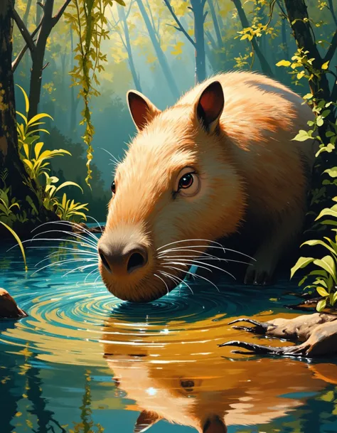 Art by: Salvador Dali, This piece would be captured in a dreamlike style reminiscent of Salvador Dali's signature surrealist art. Expressive brushstrokes and vibrant colors convey the fantastical essence of this jungle scene., The closeup view focuses on a cute capybara, its eyes closed as it drinks from the river. The water itself seems to ripple and distort, reflecting an almost cartoonish version of the capybara back at you. However, everything else in the scene is rendered with photorealistic detail, creating a jarring contrast that adds to the surrealist effect., The jungle surrounding the river is lush and vibrant, teeming with life. Leaves and vines seem to writhe and twist like living serpents, while birds sing their melodies from hidden treetop perches. The atmosphere is thick with heat haze, giving everything an otherworldly aura., Lighting plays a crucial role in this piece, with shafts of sunlight piercing through the jungle canopy to illuminate the capybara in stark, dramatic fashion. However, where the capybara was drinking from, a psychedelic swirl can be seen, as if the very fabric of reality is being warped by its presence., The texture of the canvas is rendered in a mixture of digital and oil paint, creating an almost three-dimensional effect. The reflective water seems to ripple with liquid dynamics, while the rest of the scene remains firmly grounded in realistic detail., Only an expert would notice the subtle play of light on the capybara's features, casting intricate patterns of shadow and highlight across its cute visage. This piece is a testament to the enduring power of art in capturing the surreal essence of our collective imagination: Art by Salvador Dali.