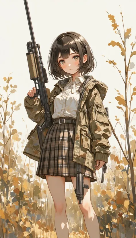 anime illustration,16 years old girl hunting with rifle,opening day of hunting season,detailed background,black hair or brown hair,wearing plaid skirt,white blouse with ribbon,camouflage,camouflage jacket,very cute pupils,magazine cover,the cutest face ever drawn,full body,photogravuer,standing,watercolor painting,