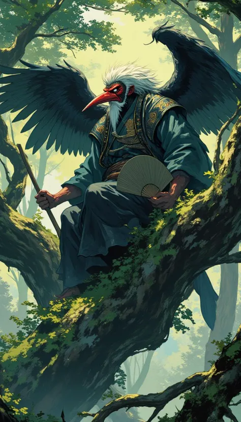 Tengu,traditional japanese yokai ,yokai in misty mountain forest, long-nosed mask, fierce red face,stick like long nose, white hair and beard, wearing traditional yamabushi attire, large black bird wings, holding big fan, perched on ancient gnarled tree, surrounded by towering cedar trees,mia,ando

