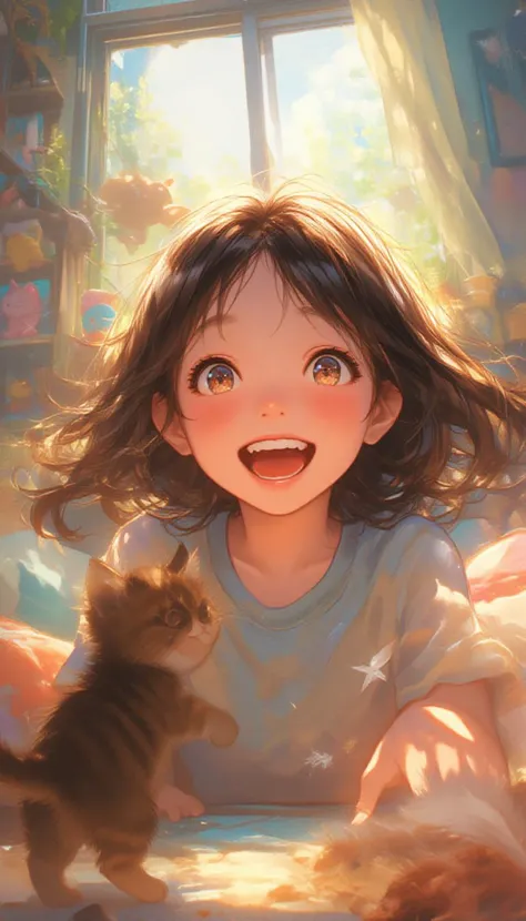 In a vibrant, sunlit room filled with an array of colorful toys and soft cushions, the camera zooms in on a girl's face, radiating pure joy. Her big, sparkling eyes, glistening like pools of liquid amber, are focused intently on the playful tabby kitten before her. The kitten, with its rich, striped fur resembling a patchwork of warm browns and deep blacks, pounces energetically at a feather toy, its tiny paws batting at the air. Sunlight streams through the nearby window, illuminating the girlâs silky hair, which cascades in playful waves around her shoulders, catching flecks of gold. Laughter escapes her lips, a delightful sound that fills the room, echoing the playful spirit of the moment. The air is sweet with the faint scent of freshly baked cookies wafting in from the kitchen, enhancing the warm, cozy atmosphere of this joyful interaction.
anime, lyh
