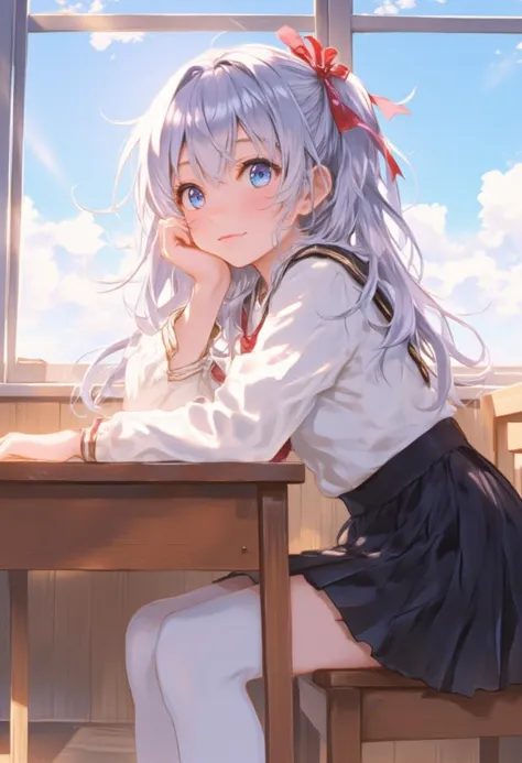 The image features the character of alisa mikhailovna kujou. This is a digital anime-style illustration featuring a young girl with long, flowing silver hair adorned with a red ribbon tied in a bow at the back. She has striking blue eyes and a gentle, shy smile. She is seated at a wooden desk, leaning her head on her hand, which rests on the desk. She is dressed in a traditional Japanese school uniform consisting of a white blouse with gold trim and a red tie, paired with a black pleated skirt. Her legs are adorned with thigh-high white stockings. The background shows a large window with a partly cloudy blue sky, allowing sunlight to stream in, casting soft, warm light across the scene. The desk and chair are simple, wooden, with a modern, minimalistic design. The overall tone of the illustration is bright and cheerful, with a sense of warmth and innocence. The girl's expression and posture convey a sense of contemplation and a touch of nostalgia. The image is detailed, with smooth shading and vibrant colors typical of high-quality digital art.
anime,