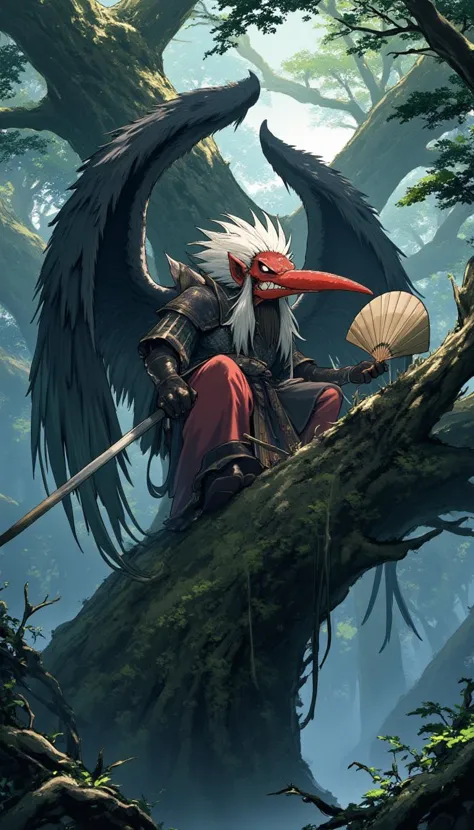 Tengu,traditional japanese yokai ,yokai in misty mountain forest, long-nosed mask, fierce red face,stick like long nose, white hair and beard, wearing traditional yamabushi attire, large black wings, holding big fan, perched on ancient gnarled tree, surrounded by towering cedar trees,
 ,hatyuuruinohito style,the0neulost