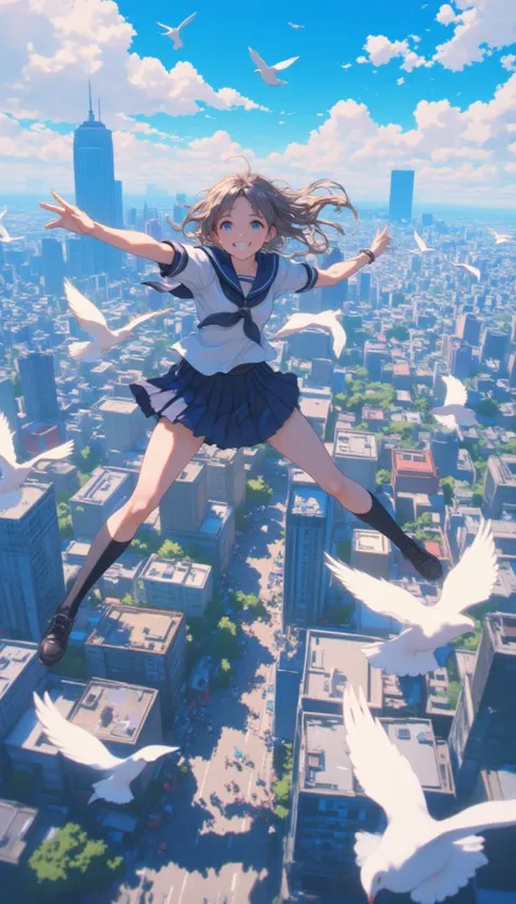 In a bustling urban landscape, a spirited adolescent girl in a crisp, navy-blue sailor uniform is soaring through the sky, her arms and legs outstretched in a carefree embrace of freedom as she descends from a great height. Around her, a few curious doves flit gracefully, their white feathers contrasting starkly against the vibrant backdrop of the city below. The sun shines brightly, illuminating the girl's radiant smile, which beams with uncontainable joy and exhilaration, showcasing her sparkling eyes filled with a sense of adventure. The scene is captured in ultra-high-definition, highlighting every intricate detail of her uniformâits crisp lines and subtle sheenâand the soft, delicate texture of the feathers of the surrounding birds. The background features a sprawling metropolis, with glinting skyscrapers and the tiny figures of pedestrians on the streets below, all bathed in the warm light of a clear blue sky, creating a mesmerizing blend of realism and whimsy in this captivating digital anime illustration.
anime, iyh,