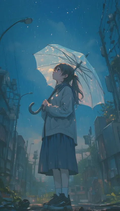 a girl, standing, holding a umbrella, rain, lookup the sky.lyh