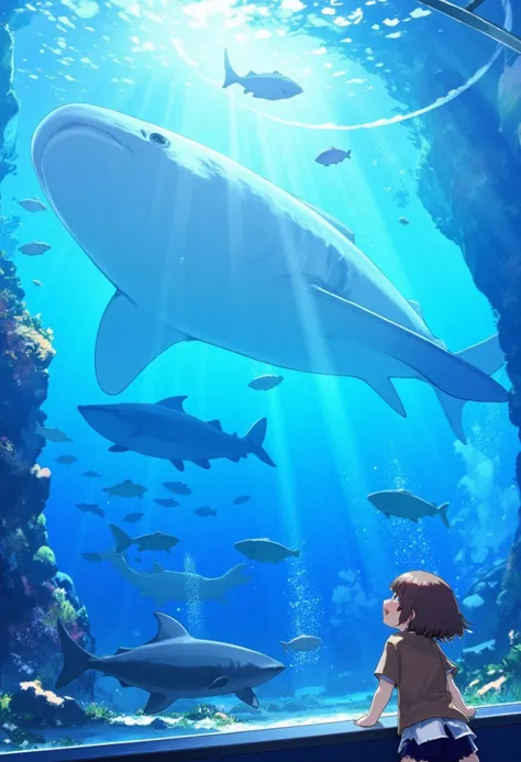 In a vibrant aquarium, bathed in the soft glow of overhead lights, a young girl gazes in awe at a massive, gentle whale shark gliding gracefully through the expansive water tank. The water shimmers with shades of sapphire and turquoise, reflecting the playful movements of countless small fish darting around in lively schools of shimmering silver. The girl, with her wide, sparkling eyes filled with wonder, stands mesmerized, her brown curls bouncing lightly as she shifts closer to the glass barrier. The tank is alive with the bubbles rising to the surface, and a subtle hum of water filters through the air, occasionally interrupted by the excited chatter of other visitors. Brightly colored corals and intricate rock formations create a vibrant backdrop for this underwater spectacle, while the sweet scent of saltwater hangs in the air, filling the atmosphere with a freshness that complements the girl's infectious joy. Sunlight streams in through large panoramic windows, illuminating the scene and adding a magical quality, as luminous fish flash vibrant hues like living rainbows, making this moment a truly unforgettable experience.
lyh, 1girl, gawr_gura,anime,