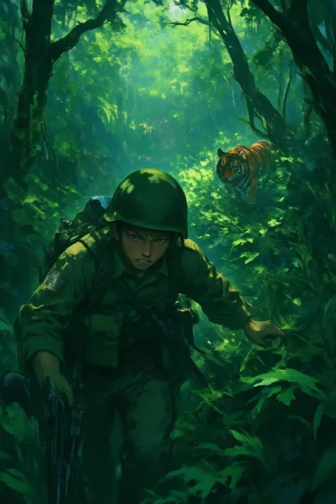 lyh Anime style. Create a tense jungle scene set in Vietnam, featuring a dense, lush environment with thick foliage, tall trees, and tropical plants. We see the close up face of an American Marine, showing fear in his face, is cautiously walking towards the viewer, holding a rifle in a ready position. He is dressed in camouflage fatigues and a helmet, blending into the surroundings. Unbeknownst to him, a distance away, a stealthy tiger is following closely behind, partially obscured by the foliage. The tiger's eyes are fixed on the soldier, adding a sense of impending danger to the scene. The overall atmosphere should be one of suspense, with the jungle's dense greenery and shadows heightening the tension.