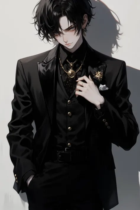 Solo,Realistic photo,nasty man, aesthetic French gentleman, emo aristocratic style, short hair,eye shadow,emo Gothic makeup, chic black business suit with polka dot tie, black manicure finger,(luxury golden lapel pin chain), Flower handkerchief in chest pocket, Slender man with long legs and tall stature,Handsome boy,mia,ando