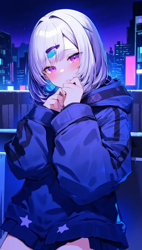 punk style, kawaii punk, Silver-haired purple-eyed girl, wearing a hood, looking at viewer, night, blue neon light, upper body, cyberpunk illustration, vivid, rooftop, night, rooftop, background with skyscrapers, cityscape --ar 3:2, cyber city,hatyuuruinohito style,the0neulost