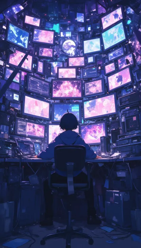 a man sitting at a desk with multiple monitors,anime
