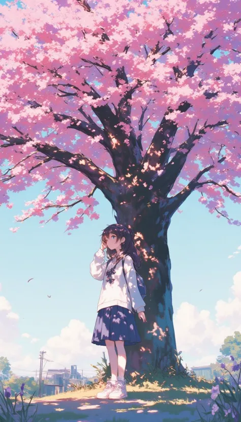 a girl standing in front of a tree with pink flowers,
