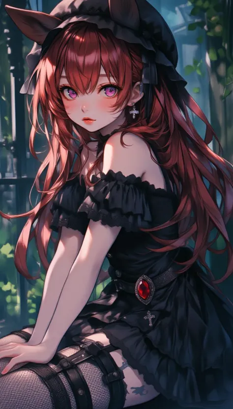 In a beautifully crafted Gothic setting, a single girl captivates the viewer with her enchanting presence. Her long, flowing red hair cascades down her back, styled with delicate frills and adorned with a frilled hairband that features intricate lace trim. Perched atop her head, a charming bonnet enhances her whimsical look, while small animal ears peek out playfully, adding a touch of fantasy.
She sits gracefully, her bare shoulders accentuated by the elegant puffy short sleeves of her black dress. The dress is a masterpiece of design, featuring layers of soft fabric with frills that sway softly as she shifts. Garter straps wrap around her thighs, leading down to striking fishnet thigh-highs that give a bold edge to her outfit, beautifully framing her form.
As she turns her gaze towards the viewer, her piercing pink eyes shine with an alluring spark, framed by long, dramatic eyelashes. Her full lips, painted a deep shade of red, are slightly parted, giving her an air of intrigue. Tiny, sparkling cross earrings dangled delicately from her ears, catching the light and drawing attention to her tasteful ear piercings.
On her flawless skin, a subtle tattoo peeks out from behind her thigh strap, hinting at a deeper personal story. She wears black nail polish, which complements the dark lace of her dress, adding a sophisticated contrast. A large red gemstone, possibly a brooch or an aesthetic accessory, rests prominently on her outfit, glinting beautifully against the rich fabric.
The atmosphere in the scene is eerie yet enchanting, filled with a sense of whimsical elegance that pulls the viewer into her world. Everything from the fine details of her jewelry to the intricate lace of her attire paints a vivid portrait of gothic fashion, creating a captivating image that invites curiosity and admiration.
anime, lyh,