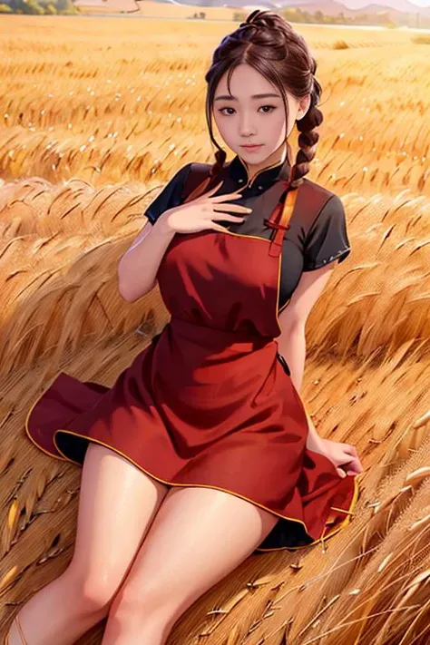 <(realistic:1.3), intricate details>, 1girl,full body,legs,wheat field, braided bangs,braided ponytail,(solo:1.2),apron,thick thighs,side-tie panties, balck hair, 16yo,(on back:1.2),(cungu:1.2) ,<lora:cungu:1> ,red dress
