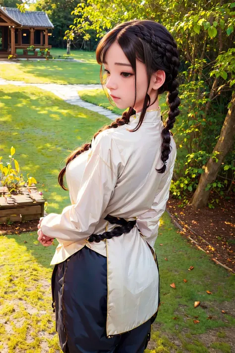 <(realistic:1.3), intricate details>, 1girl,full body,looking back, braided bangs,braided ponytail, balck hair,twintails,uwabaki, 16yo,(cungu:1.2), <lora:cungu:1>