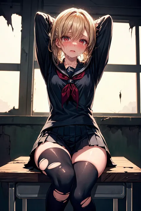 (masterpiece, best quality), 1girl, solo,sitting on a desk, beautiful face, blonde hair, torn clothes, torn legwear, dark school uniform, black thighhighs, moldy room, scared,crying, terrified face, itricate details, tied arms behind head, dark atmosphere, danger, <lora:add_detail:1>