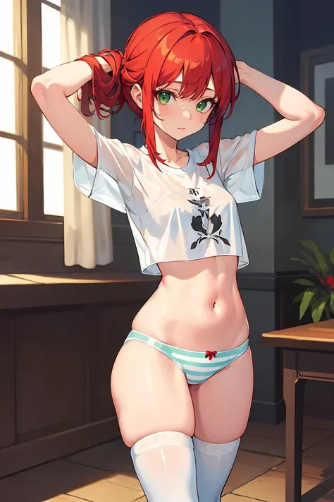 (masterpiece, best quality), 1girl, red hair, green eyes, best quality, masterpiece, looking at viewer, small breasts, crop shirt, thighhighs, sexy legs, white t-shirt, arms up, see-through, indoors, wide hips, striped panties, innocent wear,