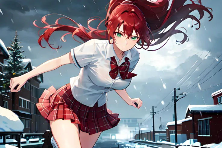 Suzy Cogsworth(long flowing red hair in a long ponytail, green eyes) wearing a school uniform(red plaid mini skirt, white button up short sleeves shirt) Large snow storm, fast winds, concern in her eyes, running from a black mist, (MasterPiece) (Highly Detailed) (4k)