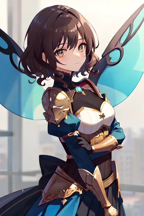 Tia (Tiny cute female fairy, 4 transparent blue wings, medium bust, brown hair curly, golden eyes) wearing an armored dress, pleated metal skirt, a battle in the background blurry, (MasterPiece) (Highly Detailed) (4k)