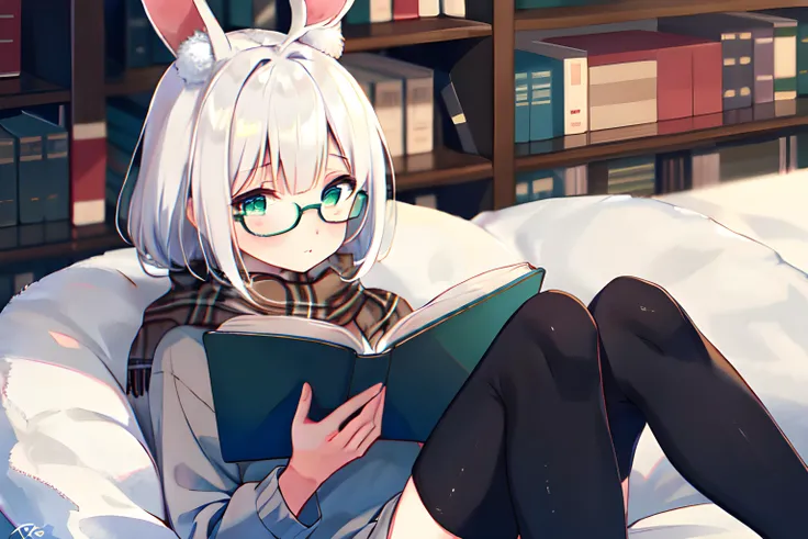 Anna (Tall petite Anthro rabbit, white furred, shy), dressed in an oversized green hoodie, black tights, brown scarf, oval black rimmed glasses, reading a book