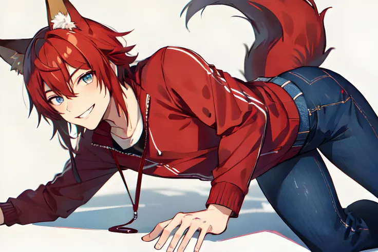 Spencer (A red furred, anthro fox male, slim, fit) wearing blue jeans, charming smile, doing push-ups