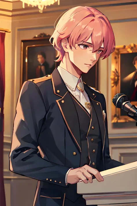 Clark Johanne (Young british man, unrulely golden-pink hair, brown eyes, beautiful face, fit) royal suit, giving an important speech, passionate, (MasterPiece) (Highly Detailed) (4k)